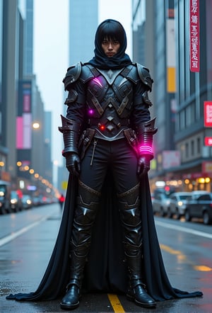 A cyberpunk-style long shot of a man with black hair wearing a futuristic knight templar outfit with neon lights. He is wearing random colour outfit with neon lights. The man is standing in a futuristic city with tall, reflective buildings. The background contains a city with tall, reflective buildings.