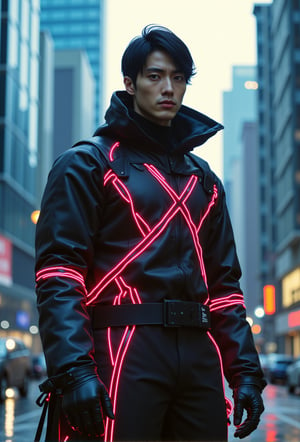 A cyberpunk-style long shot of a man with black hair wearing a futuristic knight templar outfit with neon lights. He is wearing random colour outfit with neon lights. The man is standing in a futuristic city with tall, reflective buildings. The background contains a city with tall, reflective buildings.