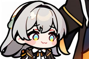 1boy, 1girl, absurdres, black_coat, black_hairband, black_jacket, bow, bowtie, caelus_honkai:_star_rail, carrying, coat, collared_shirt, cropped_jacket, firefly_honkai:_star_rail, grey_hair, hair_between_eyes, hair_ornament, hairband, hetero, highres, honkai:_star_rail, honkai_series, jacket, long_hair, long_sleeves, looking_at_another, meirong, open_clothes, open_coat, princess_carry, ribbon, shirt, short_hair, smile, thighhighs, trailblazer_honkai:_star_rail, white_background, white_shirt,caelus