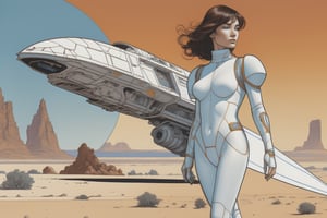 Jean Giraud ((Moebius style)), full body Portrait of a female cyborg in a dramatic pose, background Desert with a ((crashed spaceship)) emitting smoke, perfect detailed eyes, athletic body, intricate facial details, highly detailed, line ink illustration,highly detailed, ink sketch,ink Draw,Comic Book-Style 2d,2d, pastel colors