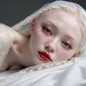 Extremely realistic image of Japanese albino beauty, lying on bed, extremely fair skin and hair, clear pores, happy expression, white lace veil, white lace clothes, (red lips), light gray eyes, freckles, super sharp focus, (half body), white background,