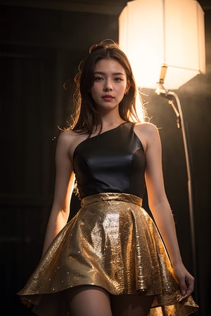 best quality, ultra resolution image, ultra-detailed, splash detailed, surreal dramatic lighting shadow (lofi, analog), kodak film by Brandon Woelfel Ryan McGinley, 1 beauty 20 yo woman, moment eyes, beautiful face, long flowing brown hair, high fashion black dress, title: my fashion time, in photo studio, hyper realistic.