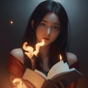 1 girl,{{Floating Fire Magic Spell and a burst of flam}},book,looking at viewer,close-up, cowboy shot,cinematic lighting, volume lighting, light particlestachie,dynamic angle ,ray tracing,, best quality, amazing quality, very aesthetic, absurdres