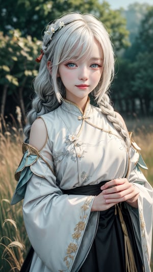 1 girl, solo, mature lady, shenhedef, multicolor eyes, white hair, hair over one eye, single braid, traditional chinese outfits, white outfits, outdoor, grass, flowers, open fields, smile, look at viewer, best quality, potrait, (extremely detailed CG unity 8k wallpaper, masterpiece, best quality), (detailed background), (beautiful detailed face, beautiful detailed eyes), High contrast, (best illumination, an extremely delicate and beautiful),  realistic, perfect light, ,shenhe_genshin, ,Detailedface