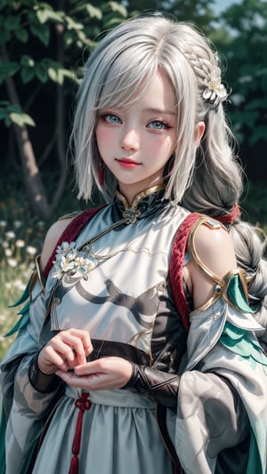 1 girl, solo, mature lady, shenhedef, multicolor eyes, white hair, hair over one eye, single braid, traditional chinese outfits, white outfits, outdoor, grass, flowers, open fields, smile, look at viewer, best quality, potrait, (extremely detailed CG unity 8k wallpaper, masterpiece, best quality), (detailed background), (beautiful detailed face, beautiful detailed eyes), High contrast, (best illumination, an extremely delicate and beautiful),  realistic, perfect light, ,shenhe_genshin, ,Detailedface