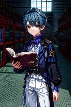 1boy, solo, yellow eyes, blue hair, straight cut bangs, one side bangs, blue jacket, long jacket, white short pants, Indoor, library, reading book, detailed backgrounds, Xingqiubamboorain