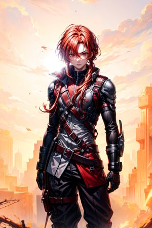 1 male, red hair, long hair, ponytails, red eyes, muscular, look at viewer, front, from above shot, More Detail, masterpiece, best quality, highres, lens flare, depth of field, (backlighting, Backlight:1.1), (Light through hair:1.2), wastelands.,More Detail