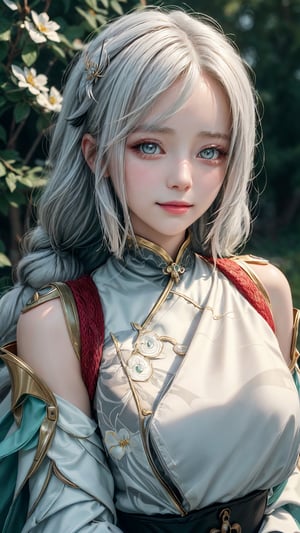 1 girl, solo, mature lady, shenhedef, multicolor eyes, white hair, hair over one eye, single braid, traditional chinese outfits, white outfits, outdoor, grass, flowers, open fields, smile, look at viewer, best quality, potrait, (extremely detailed CG unity 8k wallpaper, masterpiece, best quality), (detailed background), (beautiful detailed face, beautiful detailed eyes), High contrast, (best illumination, an extremely delicate and beautiful),  realistic, perfect light, ,shenhe_genshin, ,Detailedface