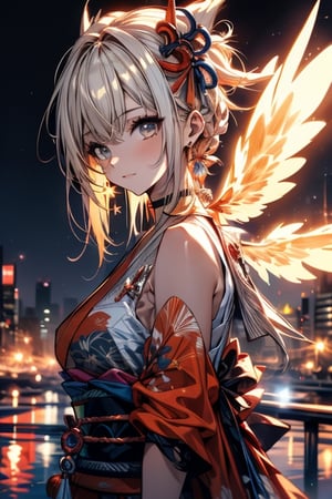 (masterpiece), best quality, high resolution, highly detailed, detailed background, cinematic light, one girl (godness body, multicoloured hair, godness chlotes, big symmetrical wings), background (night, stars, ground of building , lights ),High detailed ,yoimiyadef