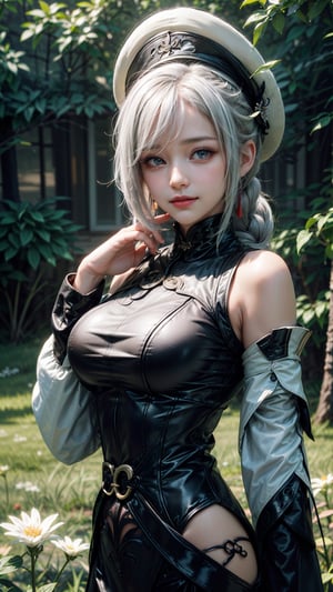 1 girl, solo, mature lady, shenhedef, multicolor eyes, white hair, hair over one eye, single braid, traditional chinese outfits, white outfits, big white fedora hat, outdoor, grass, flowers, open fields, smile, look at viewer, best quality, potrait, (extremely detailed CG unity 8k wallpaper, masterpiece, best quality), (detailed background), (beautiful detailed face, beautiful detailed eyes), High contrast, (best illumination, an extremely delicate and beautiful),  realistic, perfect light, ,shenhe_genshin,