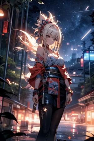 (masterpiece), best quality, high resolution, highly detailed, detailed background, cinematic light, one girl (godness body, godness clothes,), background (night, stars, ground of building , lights ),perfect light, High detailed ,yoimiyadef