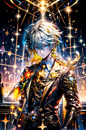 1 male, aether, golden eyes, blonde hair, change his clothes, manly, handsome, 1 braid, short hair, wear school uniform, inside classroom, slim body, pensive looking,  masterpiece, best quality, (detailed background), full body, perfect, aether, anime, hand, midjourney