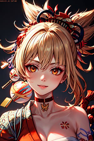 (masterpiece, best quality, ultra-detailed, best shadow), (detailed background), (beautiful detailed face), high contrast, (best illumination, an extremely delicate and beautiful), ((cinematic light)), hyper detail, dramatic light, intricate details, 1girl, provocative smile, kimono, perfect light, shiny, yoimiya_genshin