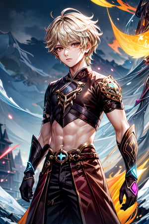 1 male, golden eyes, blonde hair, short hair, (masterpiece, top quality, best quality, official art, beautiful and aesthetic:1.2),  cute, extreme detailed, (abstract:1.4, fractal art:1.3), (silver_hair:1.2), colorful, highest detailed, (fire, ice, lightning), jewelry:1.4, hanfu, scenery