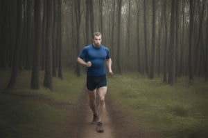 Caucasian man training in a forest landscape, serious stare, 