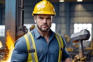 Realistic Best_quality photo of a strong man looking_at_viewer, working with a hammer in a assembly industry. Wearing a yellow security helmet. Fire Sparkling industry background. 