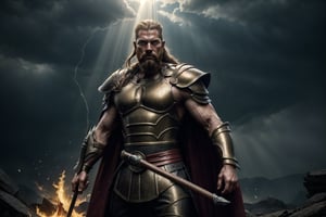 (((masterpiece, best quality, ultra-detailed, photorealistic))), A Tall Towering Giant spartan warrior with gold helmet and dark beard in a challenging stand, wearing a dim gold armor with a waving long worn out red cape, red sinister eyes, fiery sparkling background, dynamic pose, epic and cinematic, dark and sinister, extra details, absurdres, High detailed, holding a long sharp spear in hand, showcasing a never ending darkness, god rays, flame particles scattered wildly in the air,weapon,xjrex,Enhance, Lenkaizm ,4rmorbre4k,more detail XL,Leonardo style ,stalker,VikingAlpha,hydr0mancer