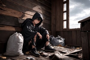 12 year old boy, black hair, spiky hair, tan skin, torn clothes, dark grey robe, hood_up, 18th century, abandoned cabin, brown eyes, dirty clothes, tiny_boy, dark lighting, inside, trash shoes, sitting against wall, ripped clothes, overcast sky, brown sack, pointy nose
