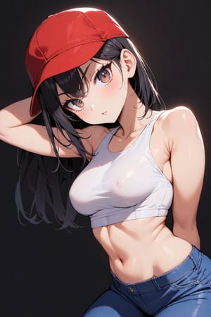 woman, sexy, black background, looking at viewer, posing, tight clothes, blue jeans, white crop top, red baseball cap, black hair, hazel eyes