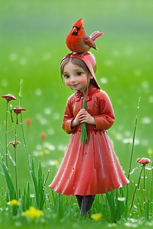 cardinal, bird girl, spring, meadow, wet