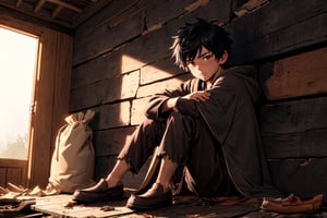 10 year old boy, black hair, spiky hair, tan skin, torn clothes, dark grey robe, hood_up, 18th century, abandoned cabin, brown eyes, dirty clothes, small boy, dark lighting, inside, moccasins, sitting against wall, overcast sky, brown sack, pointy nose, stained clothes, orange lighting, (depressed:0.4)