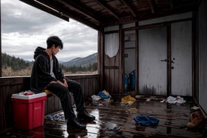 12 year old boy, black hair, tan skin, torn clothes, dark grey robe, hood_up, 19th century, long_pants, abandoned cabin, brown eyes, dirty clothes, tiny_boy , dark lighting, inside, trash shoes, sitting against wall, ripped clothes, overcast sky