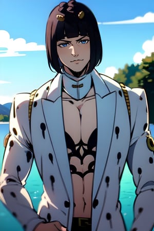 bruno bucciarati, bucciarati from jojo's bizarre adventure,  ((solo)), 1boy, short hair, black hair, pectoral cleavage, male focus, single, white suit, white shirt, zippers, black drops pattern, detailed,  blue eyes, closed mouth, half body, sexy, smile, background lake, green field, nature, blue sky, TOROGAO