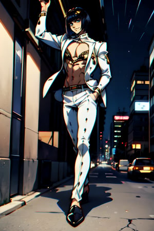 full body, bruno bucciarati, bucciarati from jojo's bizarre adventure,  ((solo)), 1boy, short hair, black hair, pectoral cleavage, male focus, single, smile, white suit, white shirt, zippers, detailed,  blue eyes, closed mouth, half body, night background, night city