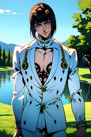 bruno bucciarati, bucciarati from jojo's bizarre adventure,  ((solo)), 1boy, short hair, black hair, pectoral cleavage, male focus, single, white suit, white shirt, zippers, black drops pattern, detailed,  blue eyes, closed mouth, half body, sexy, smile, background lake, green field, nature, blue sky, TOROGAO
