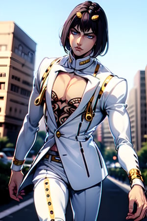 bruno bucciarati, bucciarati from jojo's bizarre adventure,  ((solo)), 1boy, short hair, black hair, pectoral cleavage, male focus, single, white suit, white shirt, zippers, detailed,  blue eyes, closed mouth, half body, sexy, city background, italy background, TOROGAO