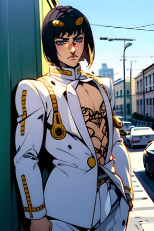 bruno bucciarati, bucciarati from jojo's bizarre adventure,  ((solo)), 1boy, short hair, black hair, pectoral cleavage, male focus, single, white suit, white shirt, zippers, detailed,  blue eyes, closed mouth, half body, sexy, city background, italy background, TOROGAO