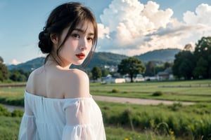 1girl, solo, long hair, looking at viewer, bangs, brown hair, dress, brown eyes, upper body, braid, outdoors, parted lips, sky, day, cloud, blunt bangs, white dress, twin braids, blue sky, lips, grass, hair over shoulder, realistic