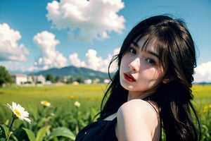 1girl, solo, long hair, looking at viewer,, brown hair, dress, brown eyes, upper body, braid, outdoors, parted lips, sky, day, cloud, blunt bangs, black dress, twin braids, blue sky, lips, grass,, realistic,depth of field 