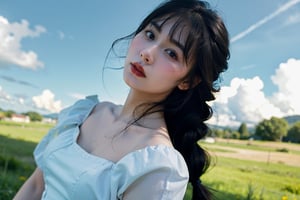 1girl, solo, long hair, looking at viewer, bangs, brown hair, dress, brown eyes, upper body, braid, outdoors, parted lips, sky, day, cloud, blunt bangs, white dress, twin braids, blue sky, lips, grass, hair over shoulder, realistic