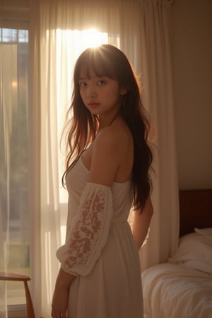 Long hair 
Upper body 
1girl.solo.18yo,Shoulder dress 
Bedroom 
Realistic PHOTO, 4k,8k,details,
The sunlight shines from behind.


