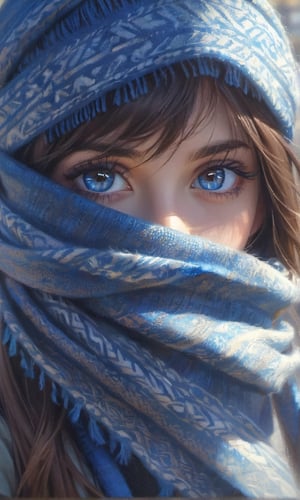 1girl, solo, long hair, looking at viewer, bangs, blue eyes, brown hair, scarf, eyelashes, sunlight, portrait, blue headwear, covered mouth, blue scarf,photorealistic