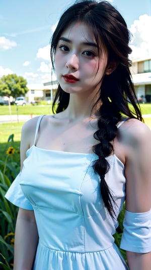 1girl, solo, long hair, looking at viewer, bangs, brown hair, dress, brown eyes, upper body, braid, outdoors, parted lips, sky, day, cloud, blunt bangs, white dress, twin braids, blue sky, lips, grass, hair over shoulder, realistic