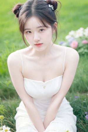 best quality, masterpiece, ultra high res,1girl, looking at viewer, double bun hair looking at viewer cleavage Bare shoulder,white dress (((from above))) (The colorful flowers grow on the ground and in the green meadow.)