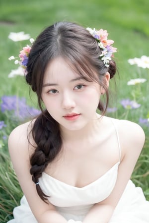 best quality, masterpiece, ultra high res,1girl, looking at viewer, double bun hair looking at viewer cleavage Bare shoulder,white dress (((from above))) (The colorful flowers grow on the ground and in the green meadow.)