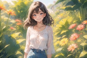 hyper-detailed, masterpiece, 8 K,  
A girl named Alice, short brown hair, brown eyes, (detailed eyes, deep eyes), slim build, and dresses in comfortable, casual clothing, like a light-colored blouse and jeans. She sports a delicate silver necklace with a small pendant,
(in the plant section of a nursery),
portrait, smiling, 
((best quality)), ((highly detailed)),  cowboy shot,

watercolor
