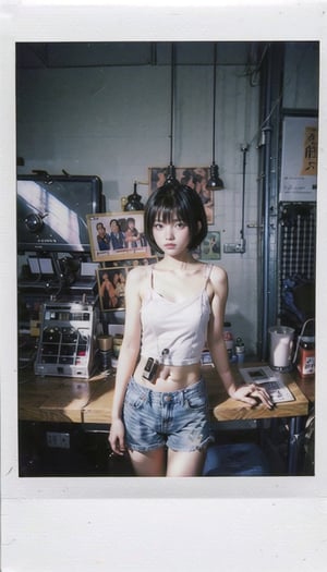 (1 beautiful Japanese girl), 11 year-old, 
skinny, shy, short hair, 
white top, denim shorts,
standing in front of the cash register in an abandoned convenience store, 
(cowboy shot), front view, (without makeup),

Lomo-style photograph,
hyper-detailed, masterpiece, 8 K,  
rodenstock sironar-n, 210mm f/5.6, kodak t-max100, large format camera, 
created by Rinko Kawauchi, Osamu Yokonami, ,konbini,manyhand,realhands