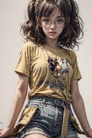 1 girl, 12-year-old, black Bob Hairstyles hair, circular-frame glasses, (yellow Tshirt), (blue shorts). beautiful thigh,
cowboy shot, portrait,
white background,

8k, masterpiece, best quality, high quality, ultra-detailed, detailed background, centralized,  ,cute_girl,Detailedface
