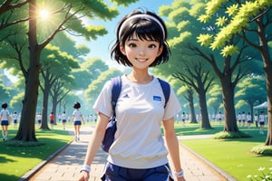 masterpiece artwork, best quality,  

Cartoon Illustration, 
A beautiful Japanese young woman named Aiko, with short black hair, wearing a hairband, a white short sleeve sports top, and sports shoes, smiling, walking, in the park, front view, slim figure, summer, morning, 

8k, octane render, natural lighting, hyperrealistic, 
3d cartoon, extremely detailed, dynamic angle, 
magic, surreal, fantasy, digital art, UHD, cinematic perfect light,