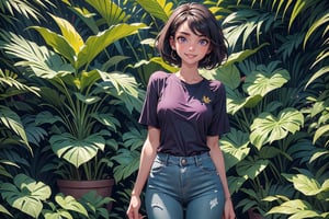 hyper-detailed, masterpiece, 8 K,  
A girl named Mary, short black hair, brown eyes, (detailed eyes, deep eyes), slim build, grey and purple loose t-shirt and jeans. slender legs, (tiny breasts),
(in the plant section of a nursery),
smiling, 
((best quality)), ((highly detailed)),  (cowboy shot),

,Nature