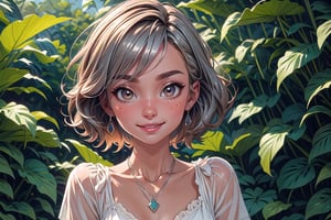 hyper-detailed, masterpiece, 8 K,  
A girl named Alice, short brown hair, brown eyes, (detailed eyes, deep eyes), slim build, and dresses in comfortable, casual clothing, like a light-colored blouse and jeans. She sports a delicate silver necklace with a small pendant,
(in the plant section of a nursery),
portrait, smiling, 
((best quality)), ((highly detailed)),  cowboy shot,

watercolor,Nature
