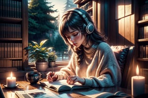 masterpiece artwork, best quality,
1 lofi girl, reading, low light, little wave, soft focus, warm colors, vintage vibes, relaxing atmosphere, bookshelf, coffee mug, vinyl layer, headphones, plant decor, chill vibe, peaceful silence, warm sweater, candlelight, soft shadows, reading corner, studying in solitude, tranquil moment, serene mood, magical rainy day, 
8k, octane render, natural lighting, hyperrealistic, 
3d cartoon, extremely detailed, dynamic angle, 
magic, surreal, fantasy, digital art, UHD, cinematic perfect light,Lofi style