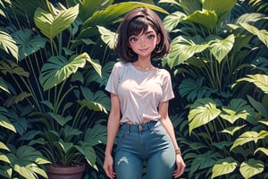 hyper-detailed, masterpiece, 8 K,  
A girl named Mary, short black hair, brown eyes, (detailed eyes, deep eyes), slim build, white loose t-shirt and jeans. slender legs, medium breasts,
(in the plant section of a nursery),
smiling, 
((best quality)), ((highly detailed)),  (cowboy shot),

,Nature