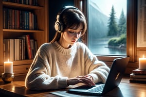 masterpiece artwork, best quality,
1 lofi girl, reading, low light, little wave, soft focus, warm colors, vintage vibes, relaxing atmosphere, bookshelf, coffee mug, vinyl layer, headphones, plant decor, chill vibe, peaceful silence, warm sweater, candlelight, soft shadows, reading corner, studying in solitude, tranquil moment, serene mood, magical rainy day, 
8k, octane render, natural lighting, hyperrealistic, 
3d cartoon, extremely detailed, dynamic angle, 
magic, surreal, fantasy, digital art, UHD, cinematic perfect light,