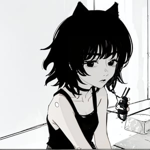 (monochromatic), grayscale, 1girl, solo, looking at viewer, fujimotostyle, black hair, short hair, /tatsuki_fujimoto/, fringe, black eyes, ((black tank top)), black shorts, baggy, emo, medium hair, messy hair, Wispy Bangs, ((chibi)), black gloves, cat ears, black shirt, black fingerless gloves, small stature,