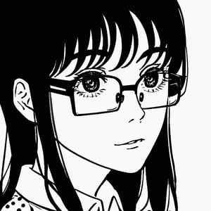 A close-up of a young girl wearing glasses and a polka dot shirt, young and cute girl, with square glasses, girl wearing round glasses, light hair and large eyes, wearing square glasses, portrait cute-fine-face, in square-rimmed glasses, fujimotostyle, Monochromatic.